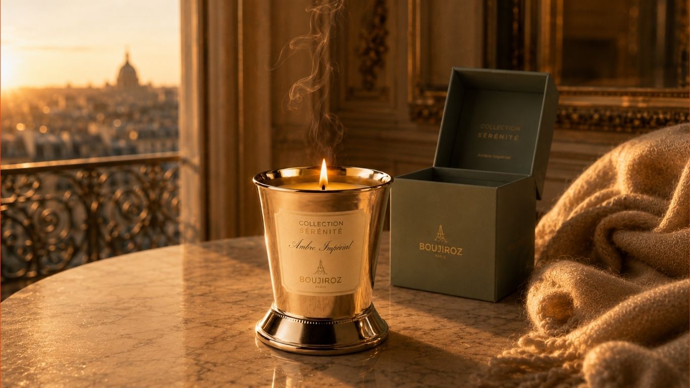 Bougie parfumée premium Boujiroz avec bijou caché dans un intérieur parisien élégant