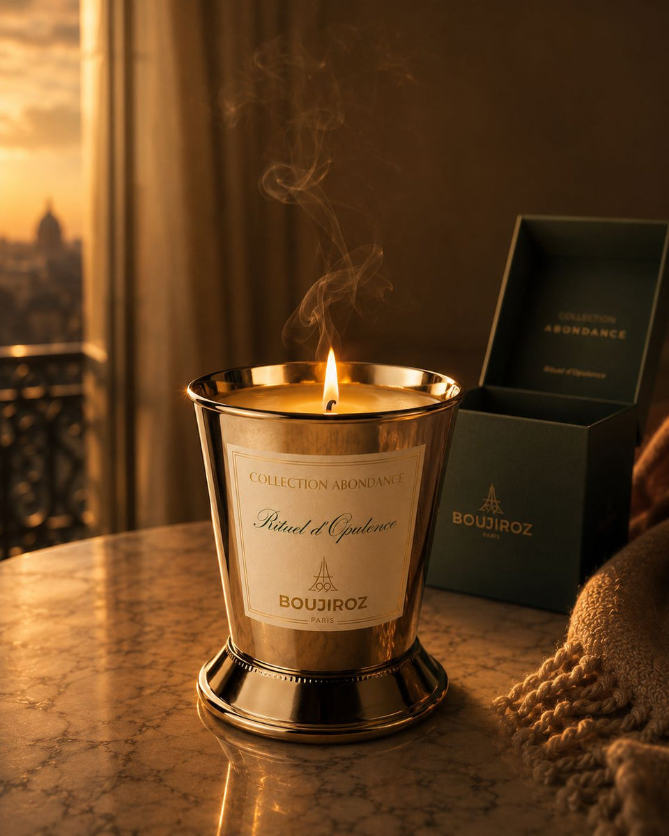 Bougie parfumée premium Boujiroz dans une ambiance parisienne élégante au coucher du soleil